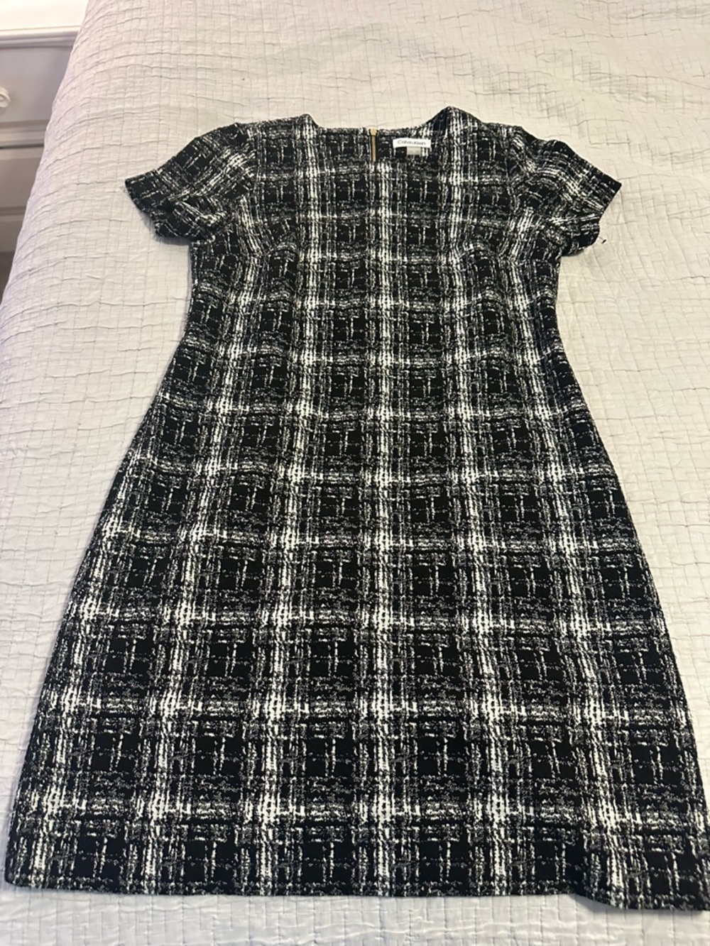 Calvin Klein Black & White Plaid Midi Shift Dress